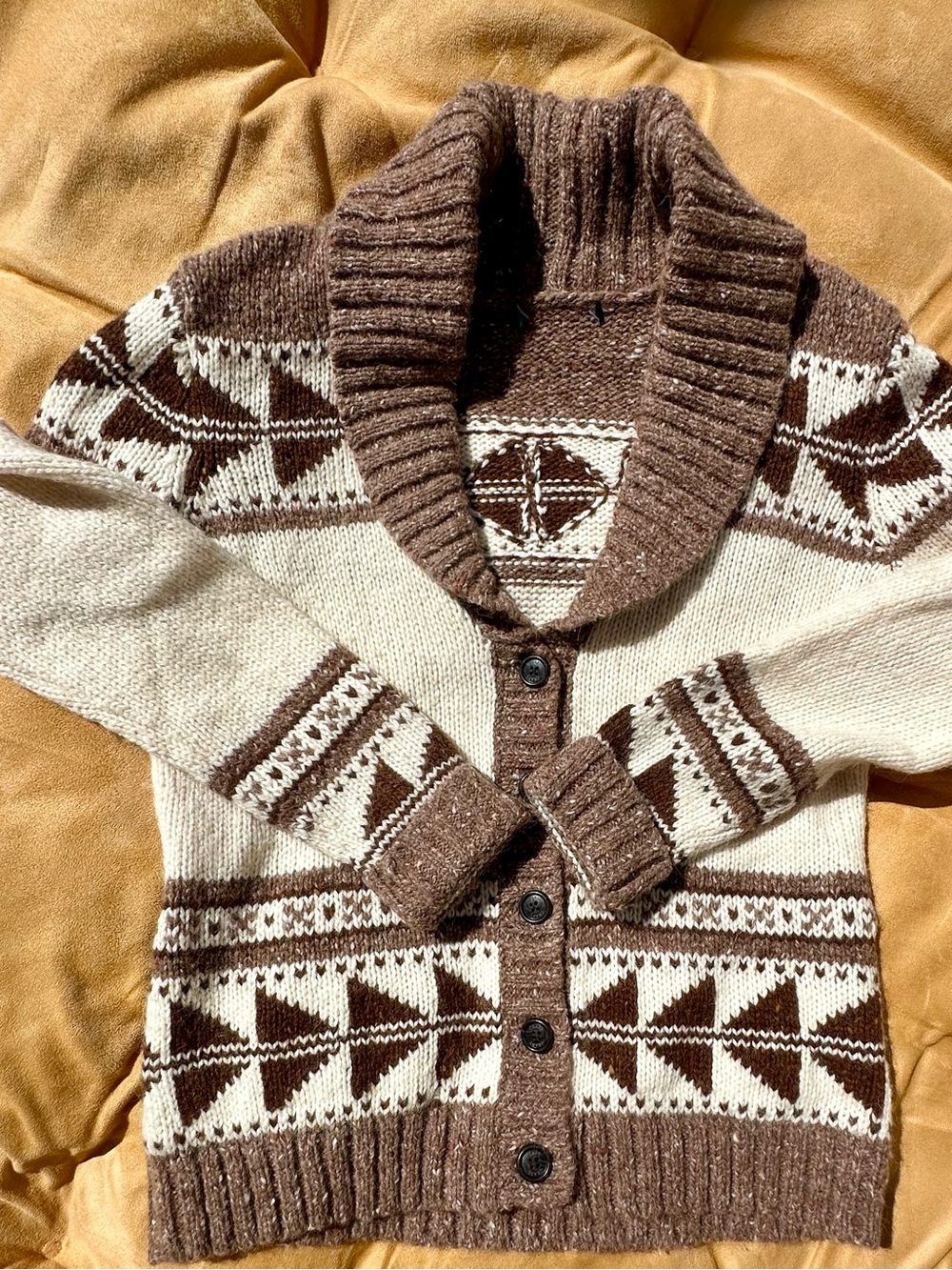 Polo Ralph Lauren Chaps Brown and Cream Geometric Shawl Collar Cardigan Sweater